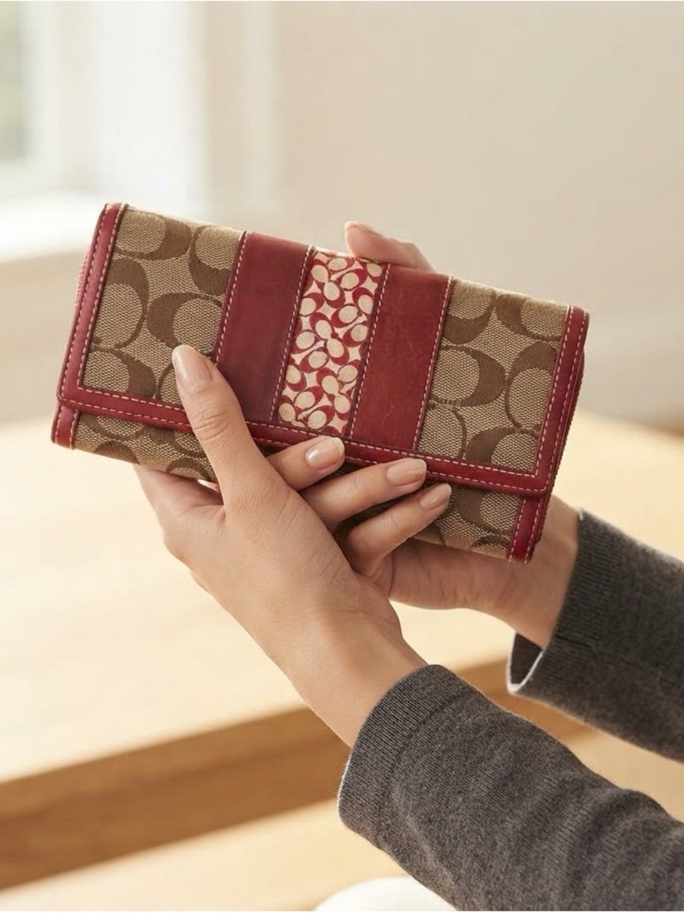 Coach Signature C & Red Leather Patchwork Wallet
